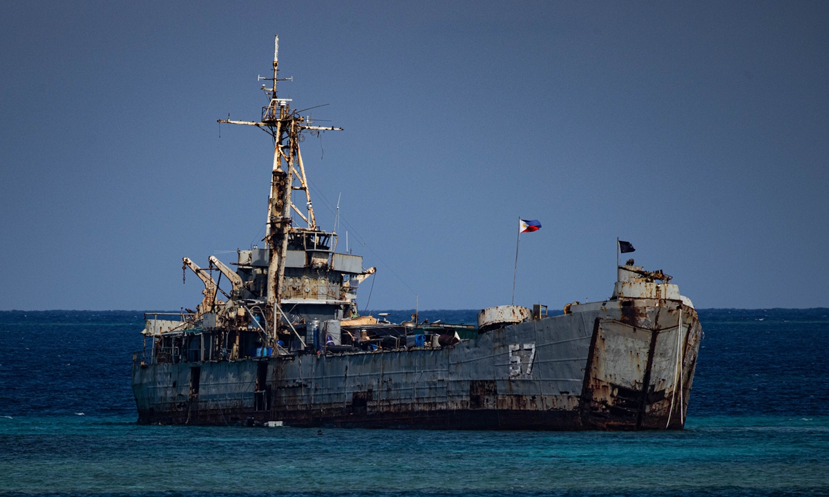 The Philippine illegally grounded warship BRP Sierra Madre at Ren'ai Jiao  Photo: China Coast Guard